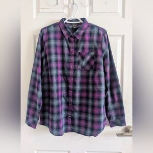 Eddie Bauer Purple Grey Plaid Flannel Button Down Shirt Women's Outdoor Casual L